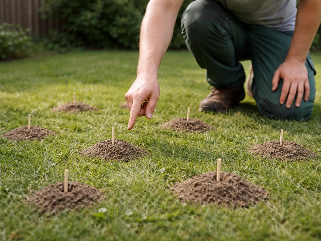 Persoon knielt in het gras en inspecteert met een stokje gemarkeerde aarden hoopjes van een nest.