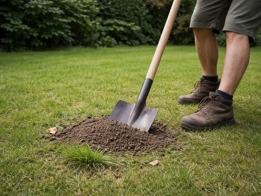 Persoon stampt met een spade aarden mierennestjes plat in een gazon, met gras en bladeren op de achtergrond.