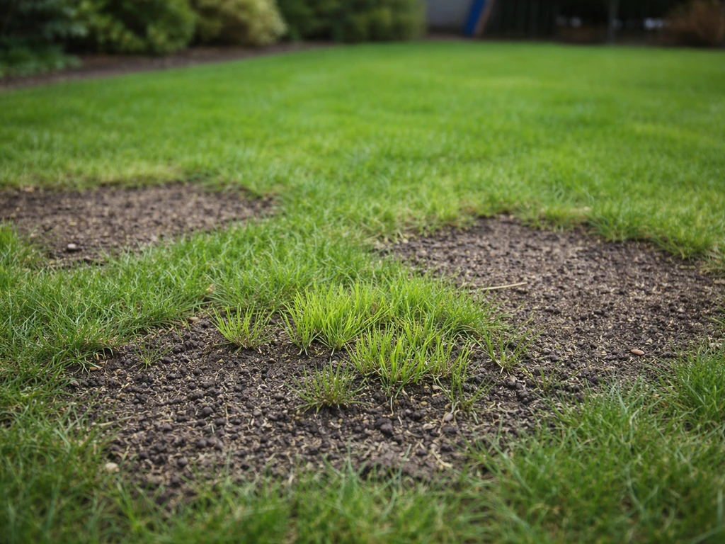 Nieuw gras groeit in kale gazonplekken; zichtbare licht aangewalste grond na mierenaanpak.
