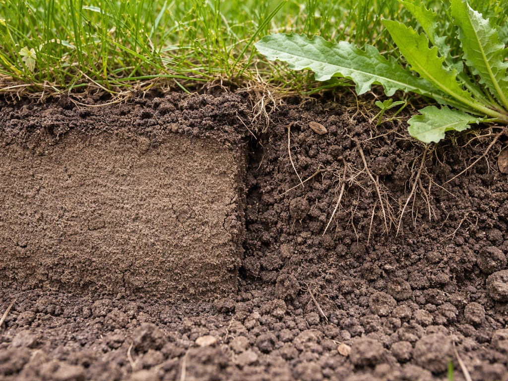 Bovenaanzicht van een open gazonstrook: links verdichte grond, rechts losse grond met wortelomgeving.