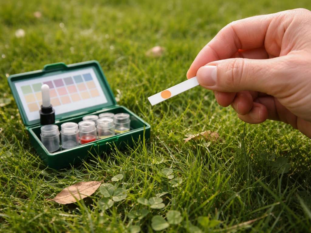 Gardener test pH van gazon met bodemtestkit op gras, meetstaaf en druppelvloeistof duidelijk zichtbaar.