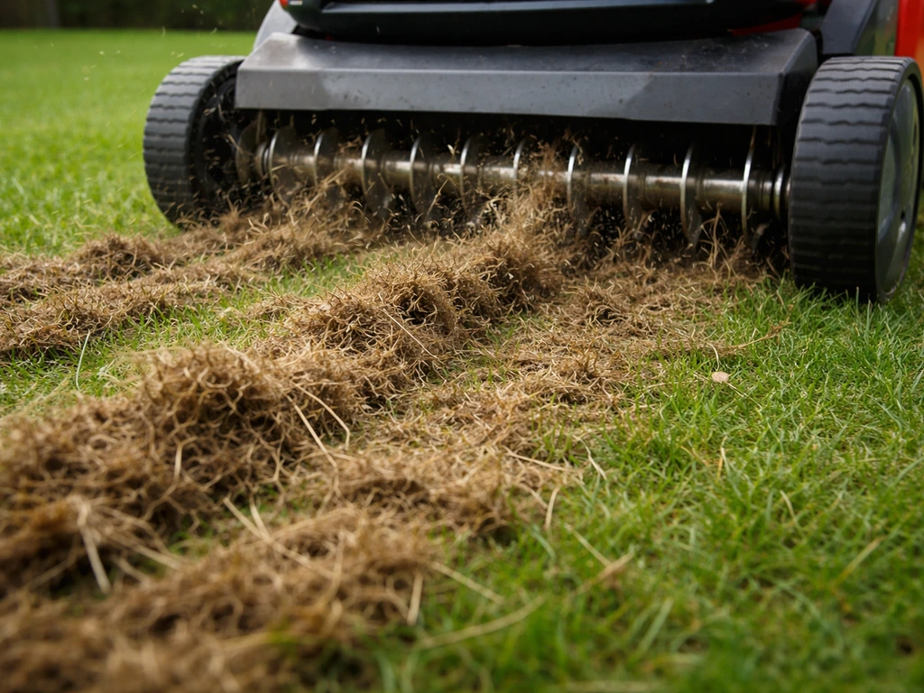 Verticuteermesjes trekken vilt en los materiaal uit het gazon; zicht op grasmat en bodem.