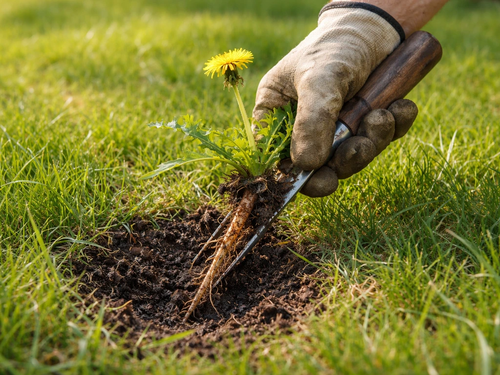 Handmatig paardenbloemen uitsteken met een onkruidsteker; intacte penwortel uit de grasmat