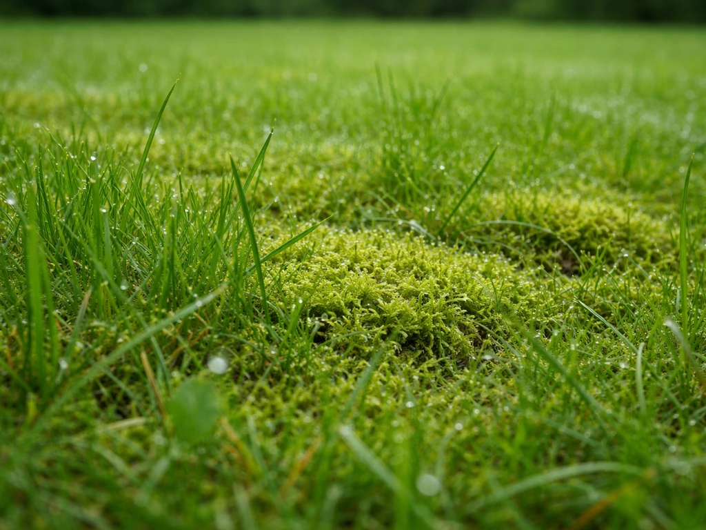 Close-up van mosplekjes tussen gezond gras op een Nederlands gazon, met dauwachtige textuur.