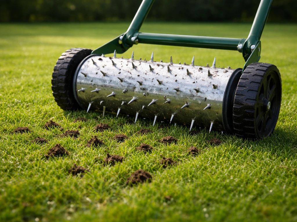 Een prikrol/ beluchter in actie op een groen gazon, die het gras belucht voor betere drainage