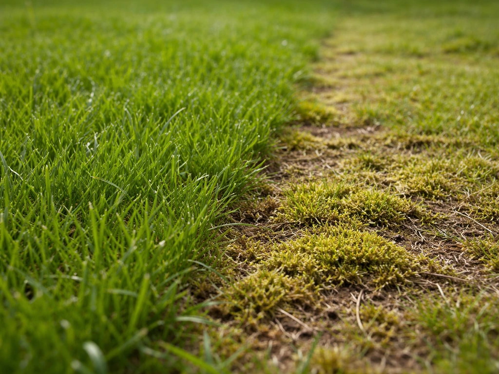 Gazon close-up: links 3–4 cm gras, rechts te laag gemaaid met beginnend mos.