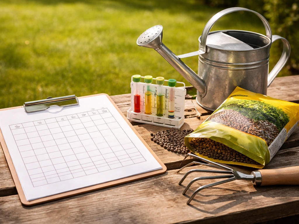 Onderhoudsitems voor mospreventie naast een onbedrukte kalender op een tuinbankje in het groen.