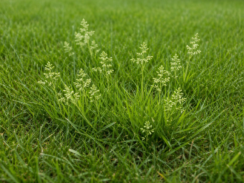 Close-up van lichter straatgras (Poa annua) met polletjes tussen groen gazongras.
