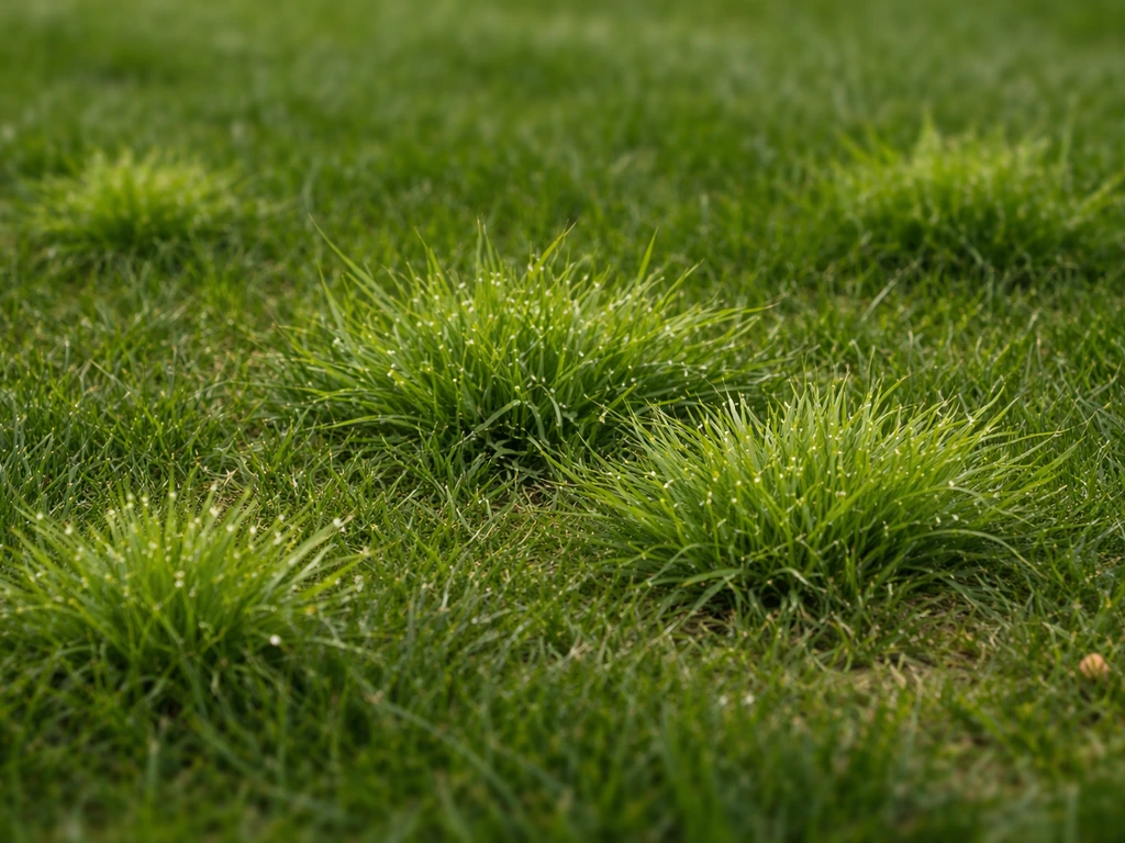 Close-up van lichtergroene polletjes straatgras in een gazon, duidelijk afwijkend van het overige gras.