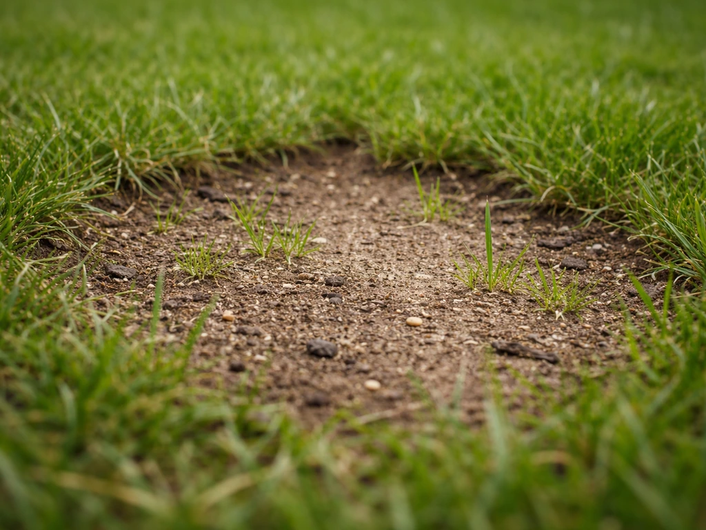 Close-up van een kale plek in het gazon met jonge graskiemplantjes die opkomen uit de grond