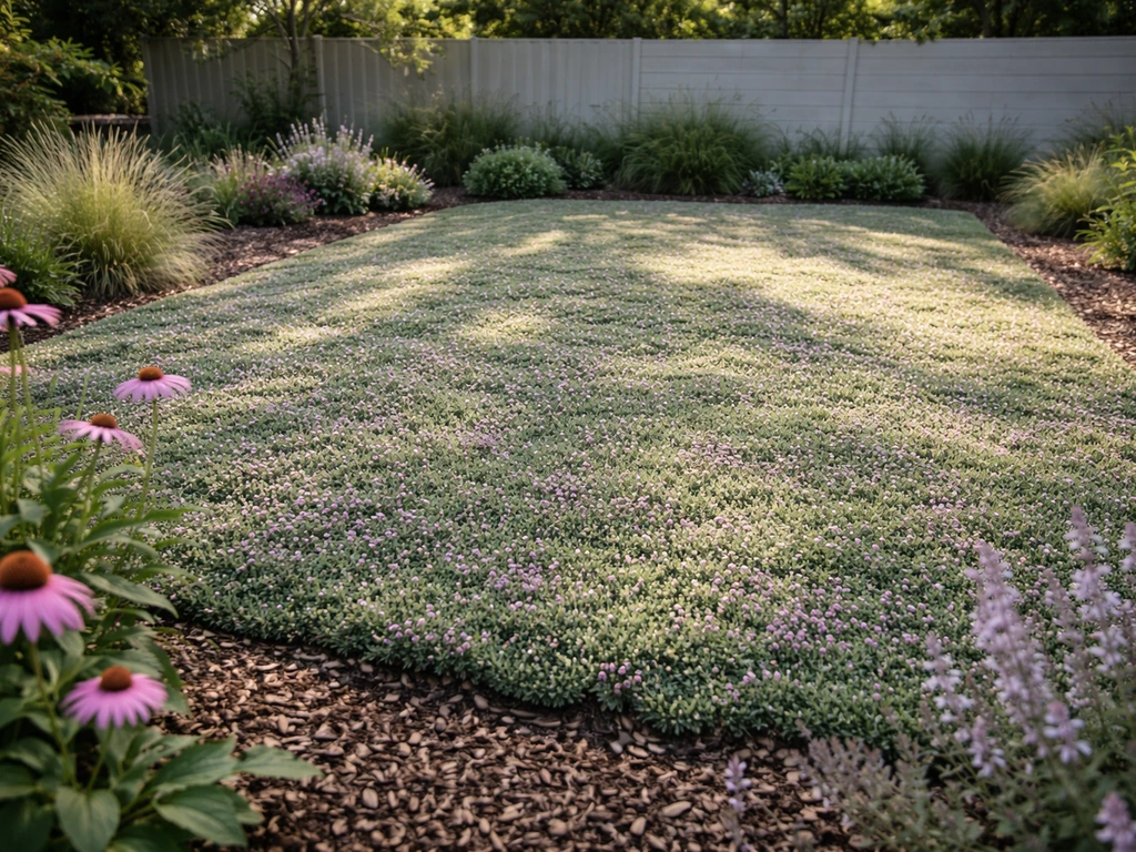 Zonnig tuinbeeld met een egaal kruiptijm gazon als alternatief voor gras, met paarsroze bloemetjes.