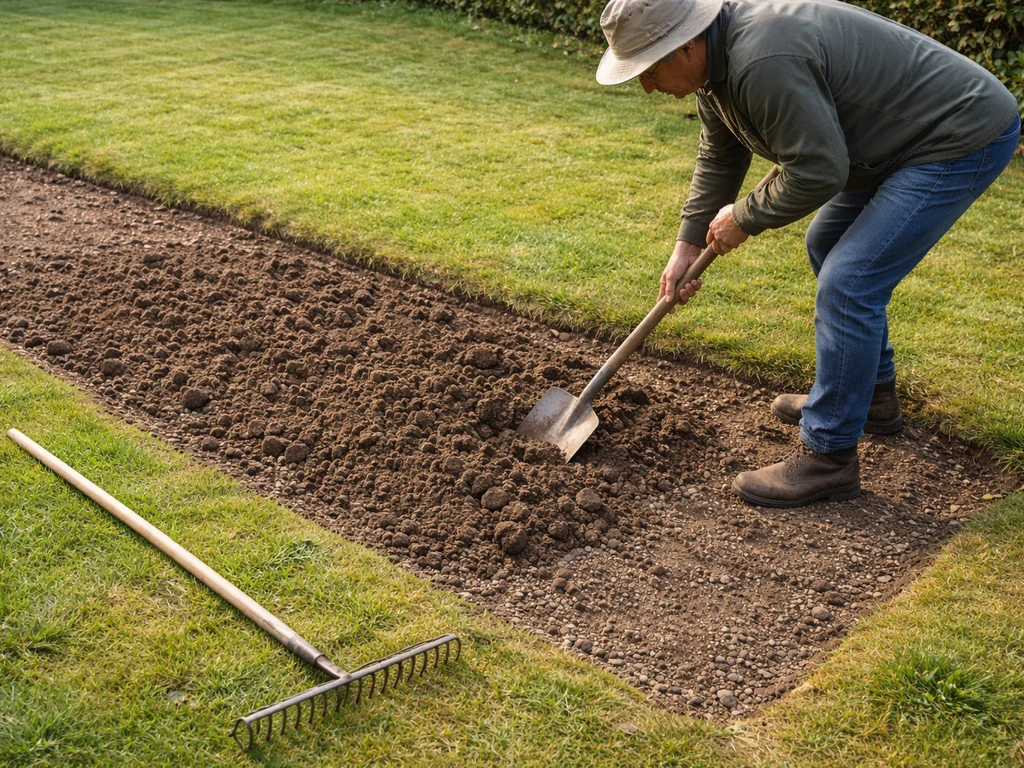 Tuinier die omwoelt en egaliseert: losse zandige grond en een aflopend hoogteverschil voor betere afwatering.