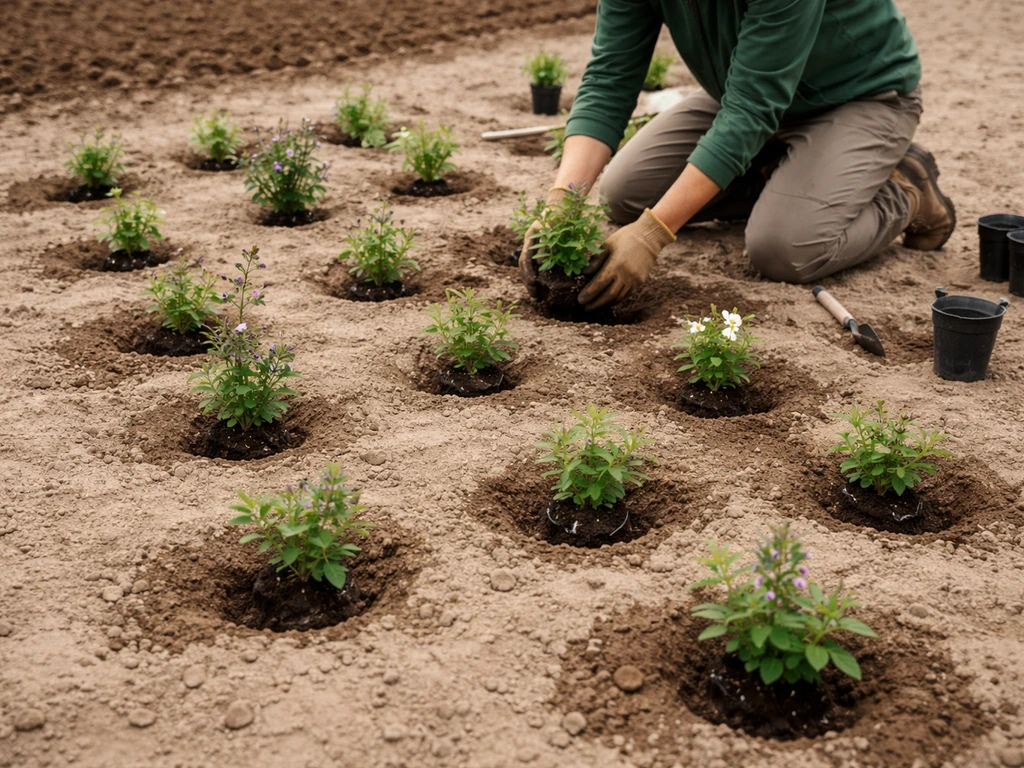 Anonieme tuinier die vaste planten plant in nette rijen met voldoende plantgaten voor een dicht tapijt.