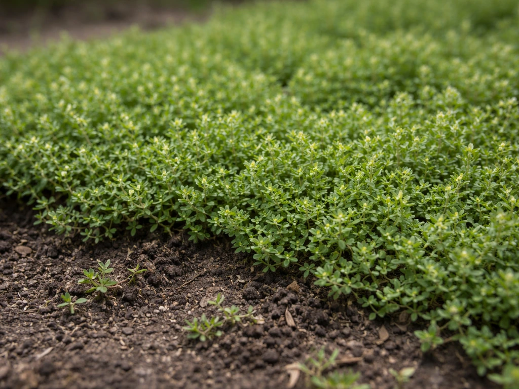 Kruiptijm in het voorjaar met zichtbaar handmatig gewied onkruid tussen de planten, in een tuinbed
