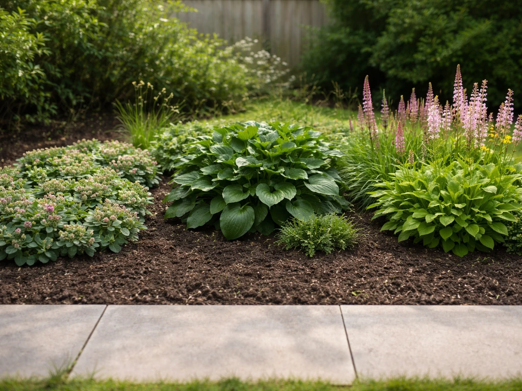 Drie groepen vaste planten naast elkaar in tuin: bodembedekkers, schaduwplanten en zonliefhebbers