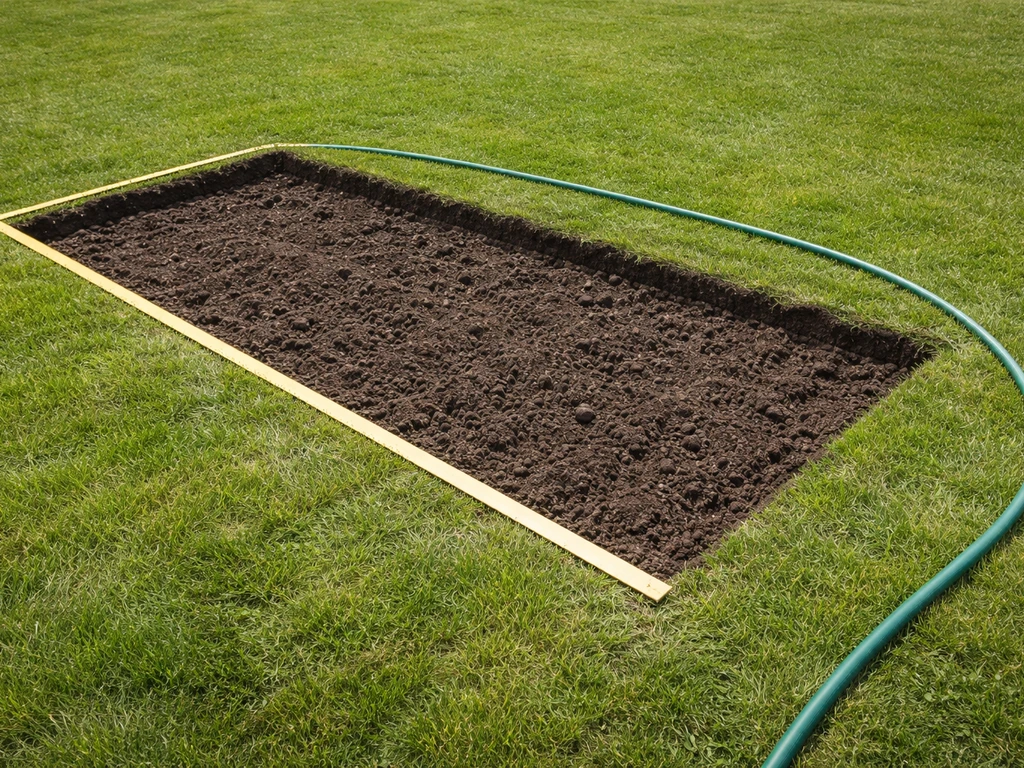 Afgetekend en uitgegraven plantbed in gazon, zode net verwijderd, met tuinslang en scherpe bedrand.
