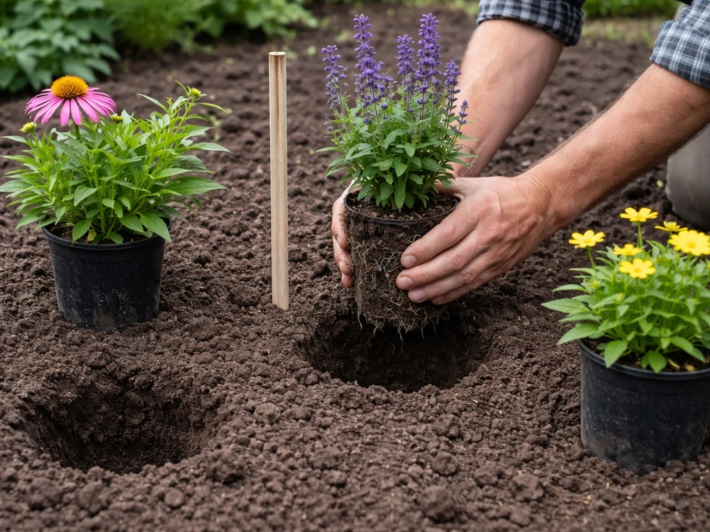 Tuinman legt losse vaste planten uit in een voorgepland vak met duidelijke afstand en zicht op plantdiepte.