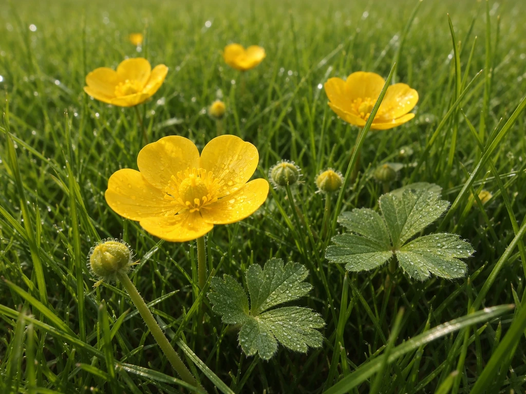 Close-up van gele boterbloemen in een gazon met komvormige bloemen en drielobbige bladeren tussen het gras.