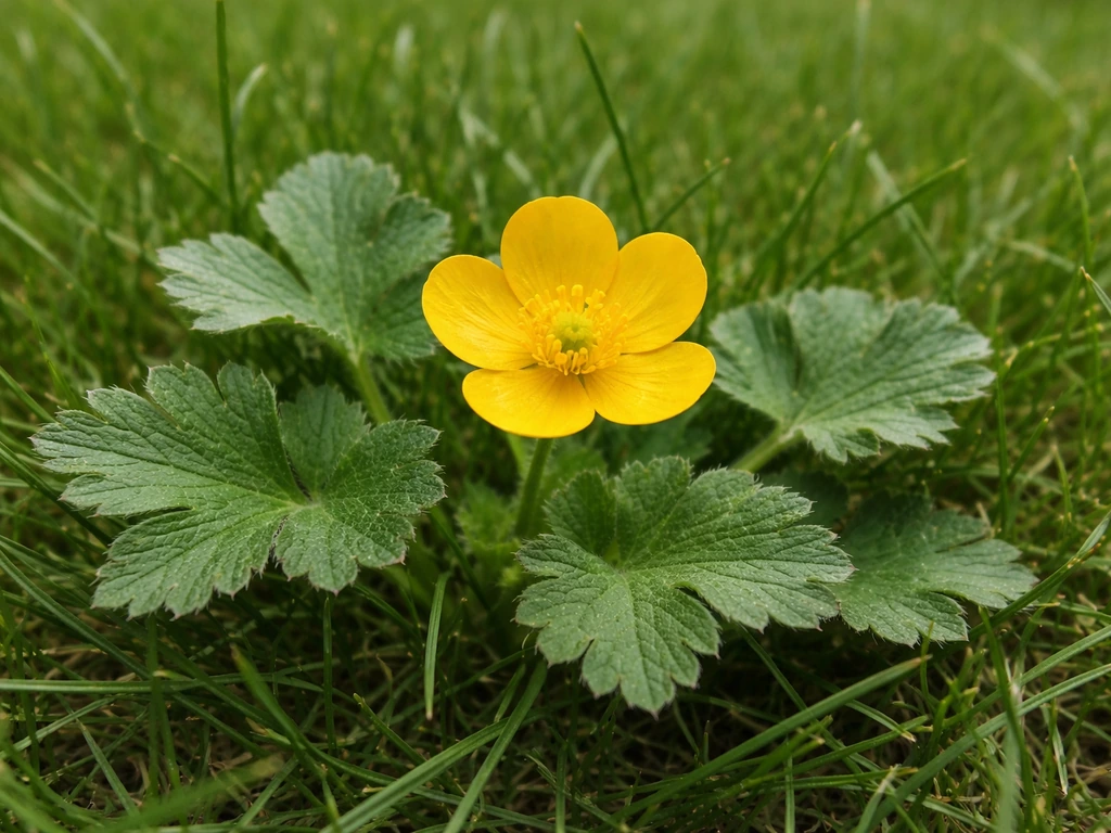 Close-up van kruipende boterbloem: donkergroene, licht behaarde bladeren met gele, komvormige bloemetjes.