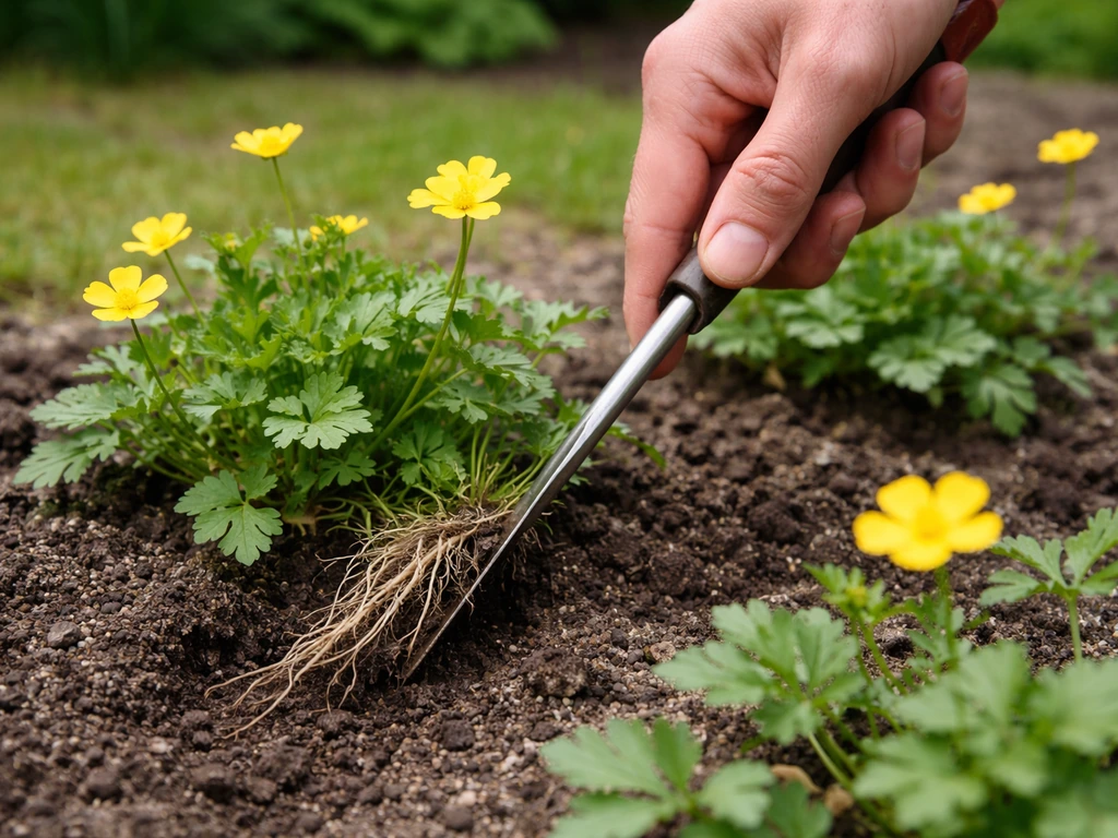 Hand met onkruidstek die boterbloemen uitgraaft, wortels volgen in donkere aarde, tuin op achtergrond onscherp.