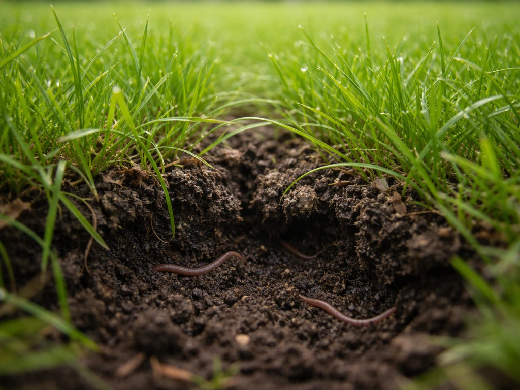 Minimalistische close-up van een gazon met zicht op los, vochtig gras en donkere, rijke bodem als profielhint.