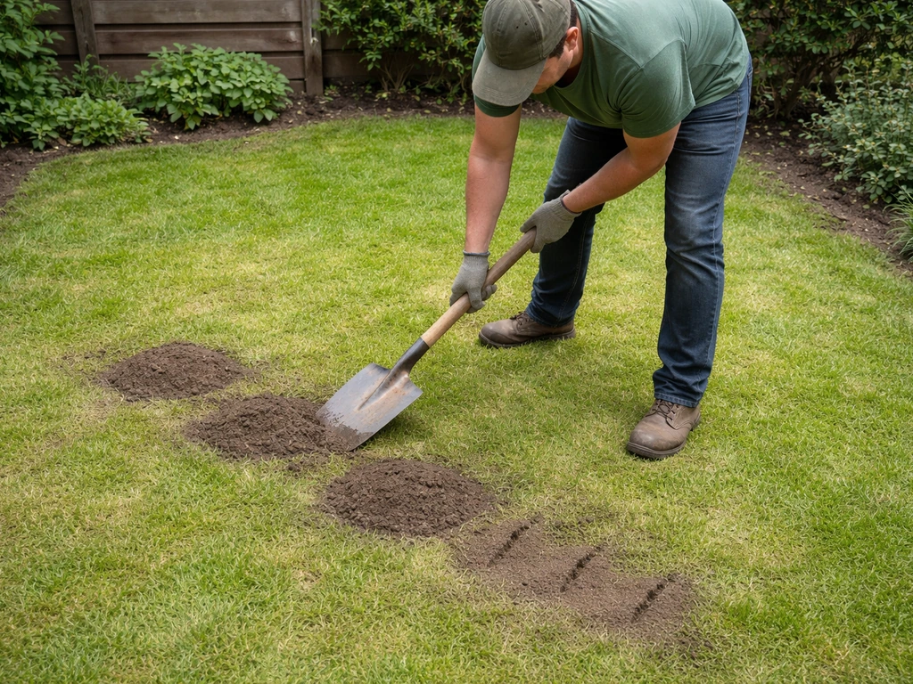 Tuinier drukt molshopen plat met een schepje in een rustige tuin, met nieuwe hoop-controle sfeer.