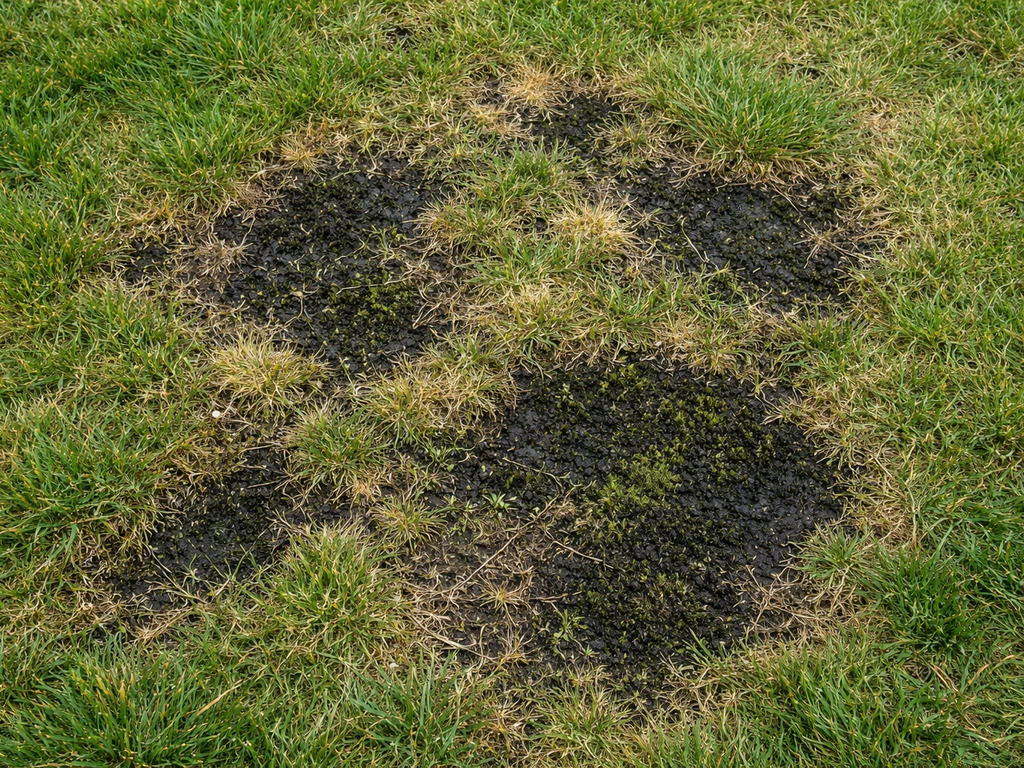 Bovenaanzicht van een gazon met zwarte mos/aanslagplekken tussen het gras.