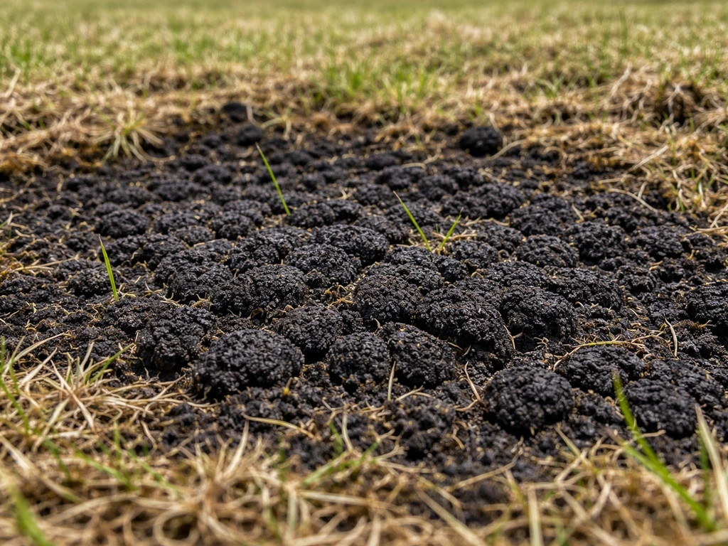 Close-up van zwart mos op een grasmat, met subtiele overgang van groen/bruin naar zwart