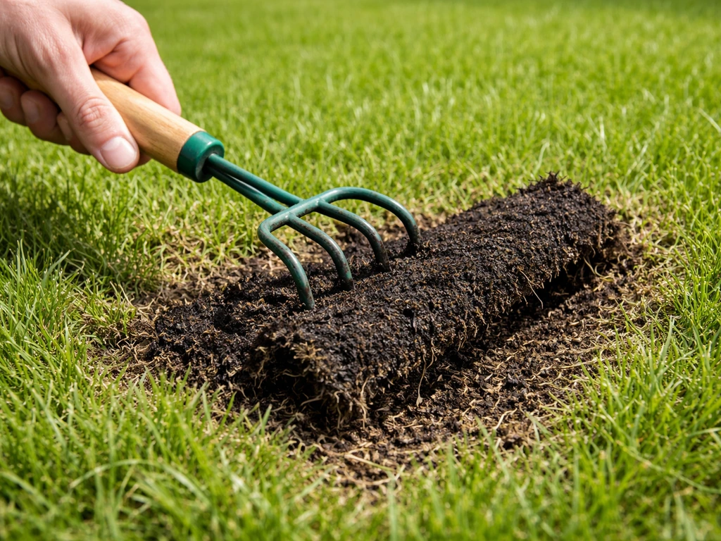 Hand met krabber tilt een zwarte moslaag van het gazon, terwijl het omliggende gras groen blijft.