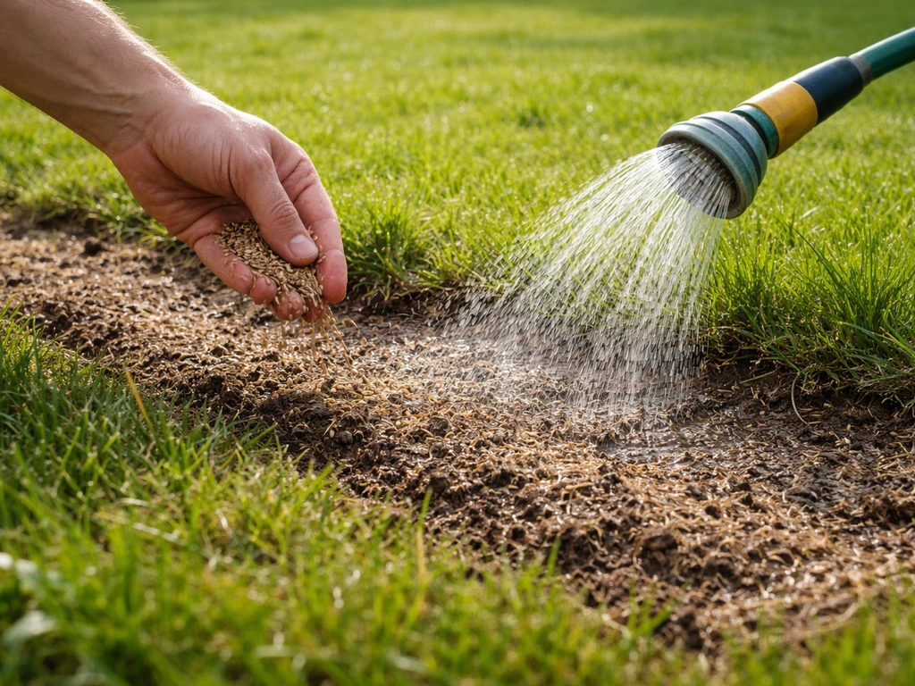 Hand en tuinslang die open plekken in het gazon na verticuteren water geven en ingezaaid herstel ondersteunen.