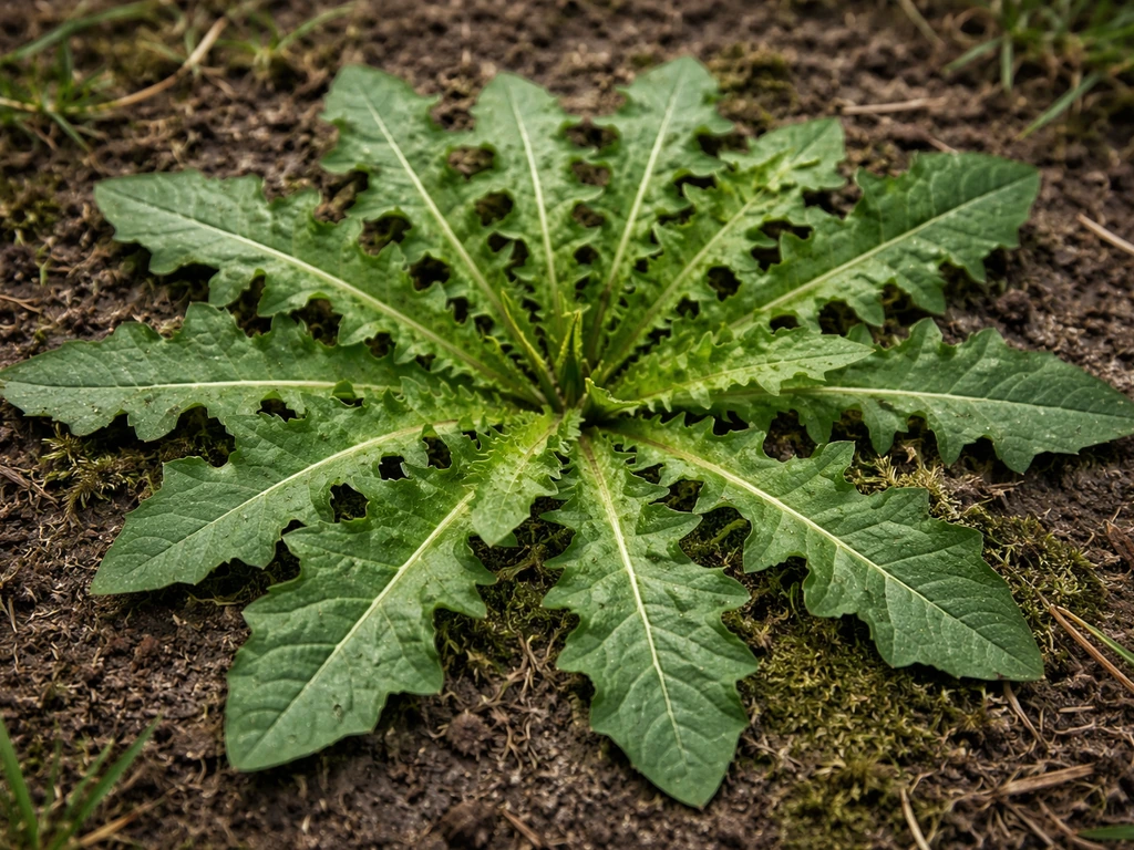 Close-up van een paardenbloembladrozet vlak op de grond, met duidelijke bladstructuur en gronddetail.
