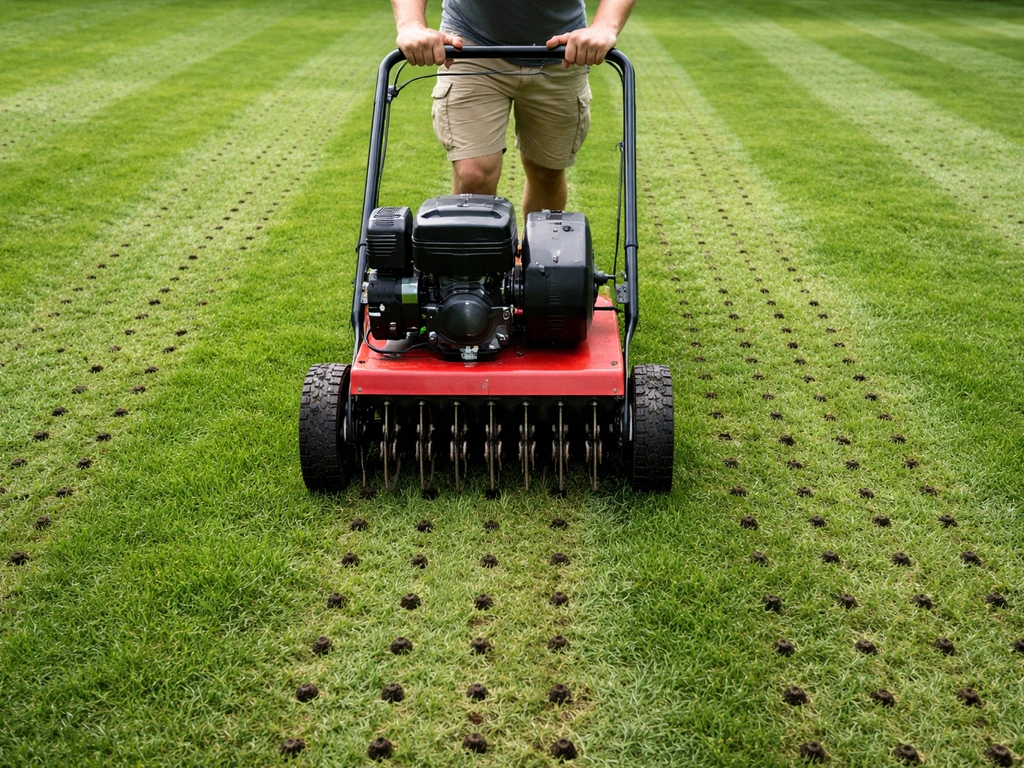 Persoon belucht een gazon met een holle tineprikker; het gras ligt in nette prikgaten en stroken.