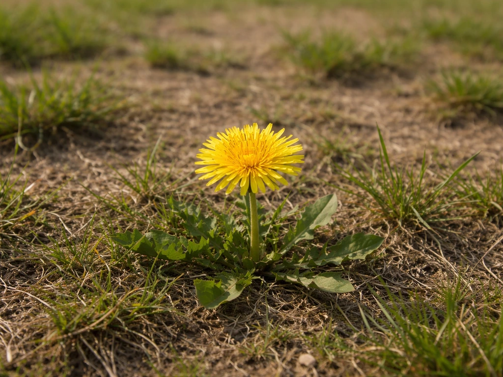 Een gele paardenbloem tussen een open, dunne grasmat met weinig gras en wat zichtbare aarde.