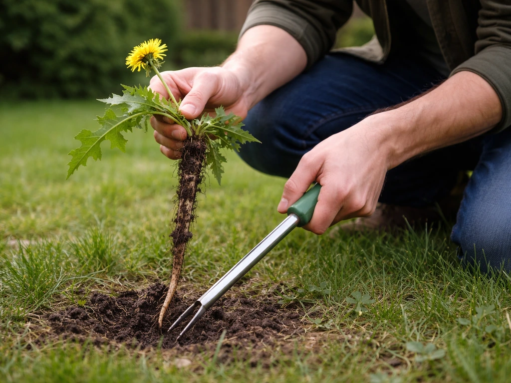 Tuinhulp steekt een paardenbloem uit met een onkruidsteker en haalt de penwortel zo volledig mogelijk omhoog.