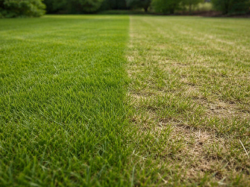 Twee gazonzones: links gemaaid op 3–4 cm en dicht, rechts te kort met meer open plekken.