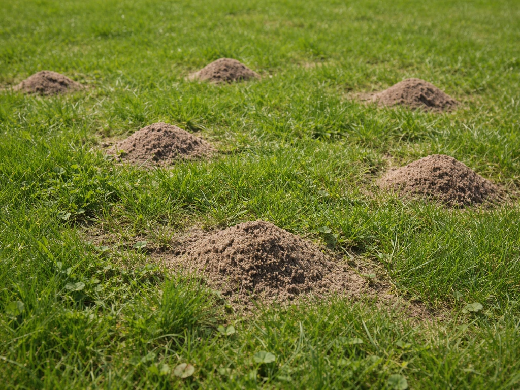 Dicht begroeid Nederlands gazon met duidelijk zichtbare zandhoopjes tussen het gras, herkenbaar als mierenactiviteit.