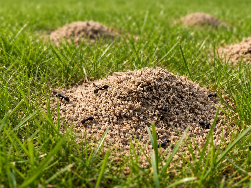 Close-up van zandhoopjes en mieren in een Nederlands gazon, randen met duidelijke mierenactiviteit.