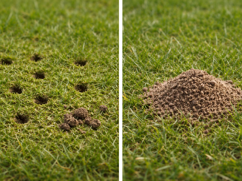 Vergelijkende close-up: links kleine ronde gaatjes in gras, rechts een opgeworpen mierenhoopje met aarde.