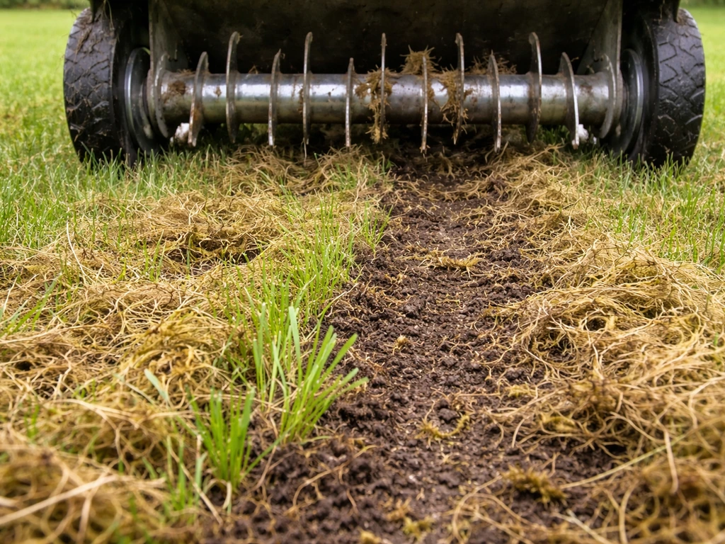 Close-up van een verticuteerrol die vilt en mos uit het gazon snijdt, met vers blootgelegd gras en bodem.