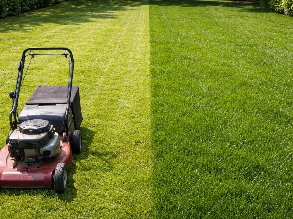 Tuin met korte en hogere grasstroken, gemaaid op circa 4–5 cm voor sterker gazon