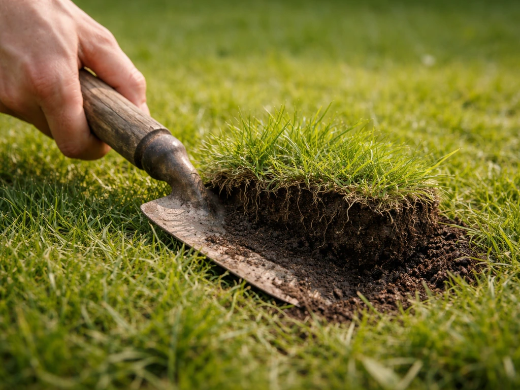 Close-up van een schep die gras omhoog trekt, met donkere losse grond zichtbaar in het gazon.