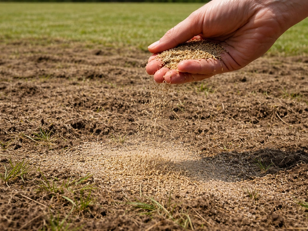 Iemand strooit graszaad over een voorbereide gazonbodem na verticuteren en beluchten.