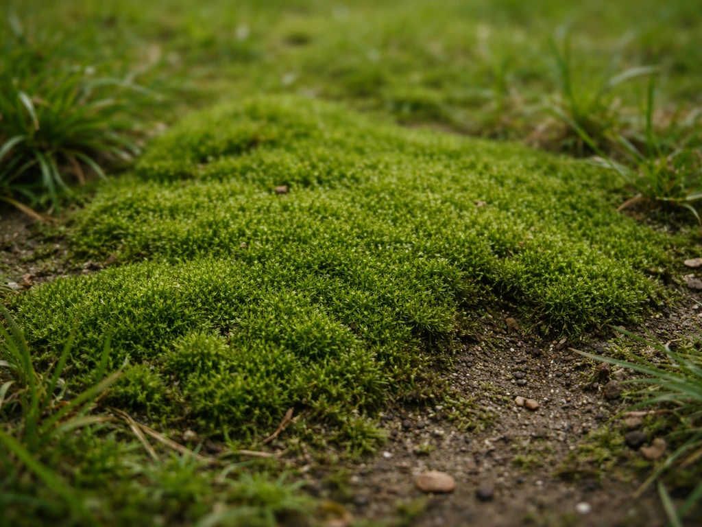 Close-up van donkergroen mos dat als tapijt over een zwakke plek tussen het gras groeit.