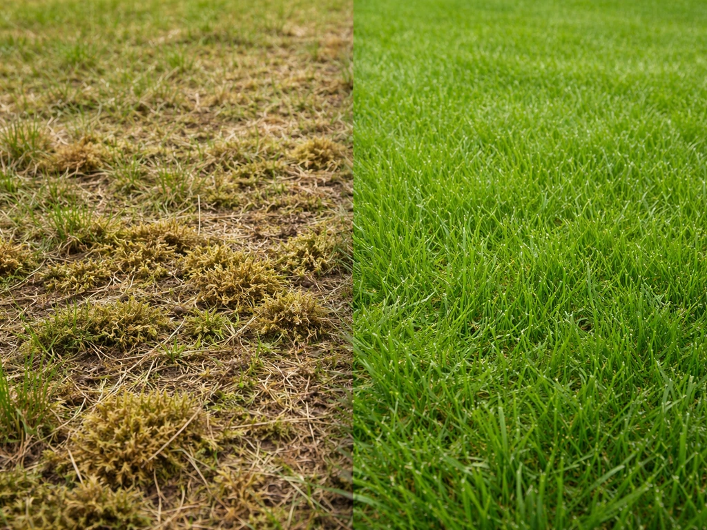 Gezicht op één gazonstrook: links gehavend na verticuteren, rechts glad met mos en vilt zichtbaar verwijderd.