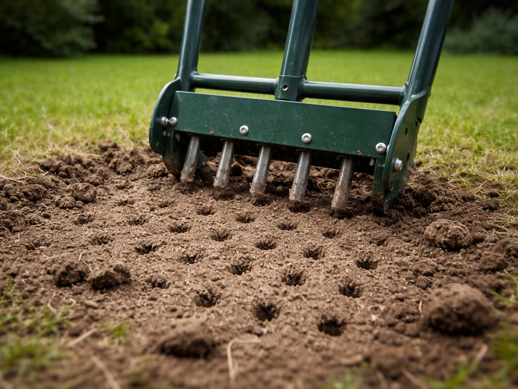 Tuinman belucht harde grond met een luchter; kleine gaatjes en gras eromheen, in de tuin