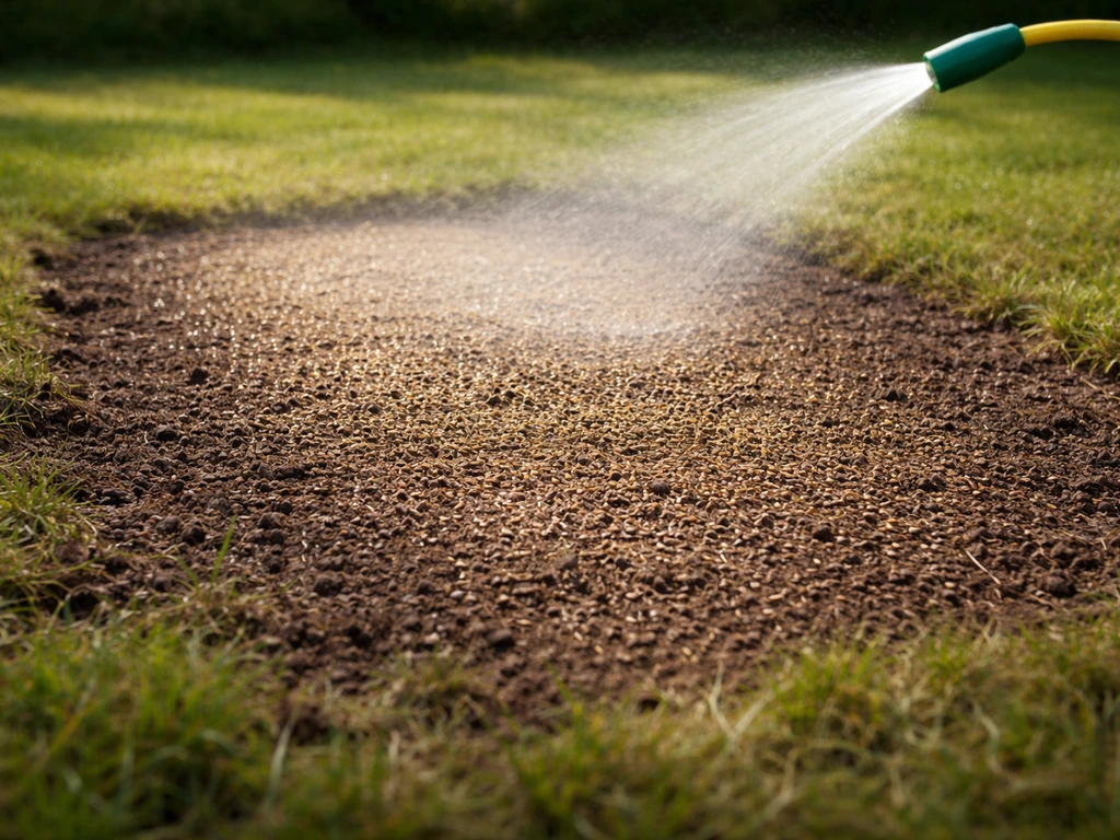 Kale grasplek met ingezaaide strook en licht besproeien met tuinslang, verse graszaadjes op het oppervlak.