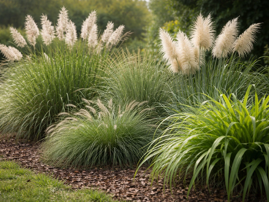 Zij-aanzicht van een border met miscanthus, pampasgras en andere siergrassen met verschillende bladstructuren.
