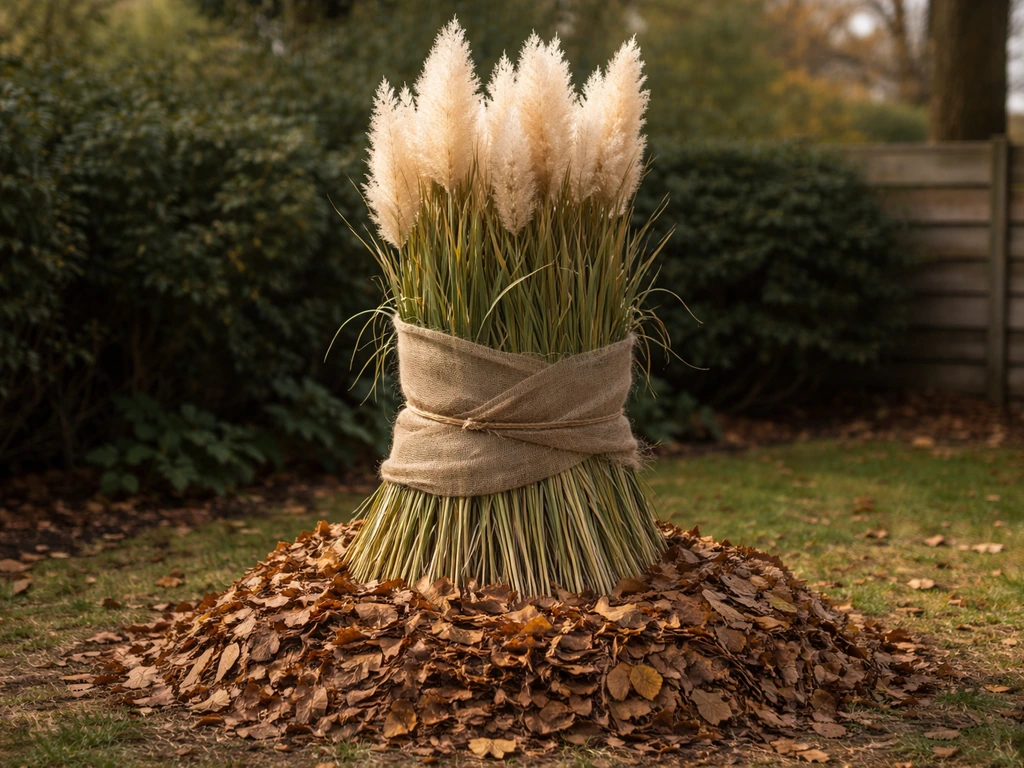Pampasgras in de tuin met opgestapelde bladresten bij de voet als winterbescherming