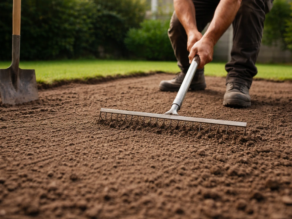 Iemand bereidt de grond voor een gazon: hark en schep bij het egaliseren van de toplaag