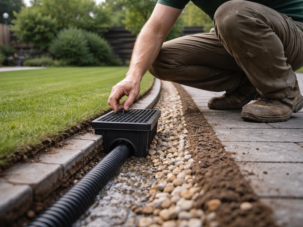 Detail van afwatering in een tuin: grind en drainagebuis terwijl water richting afwateringspunt loopt.